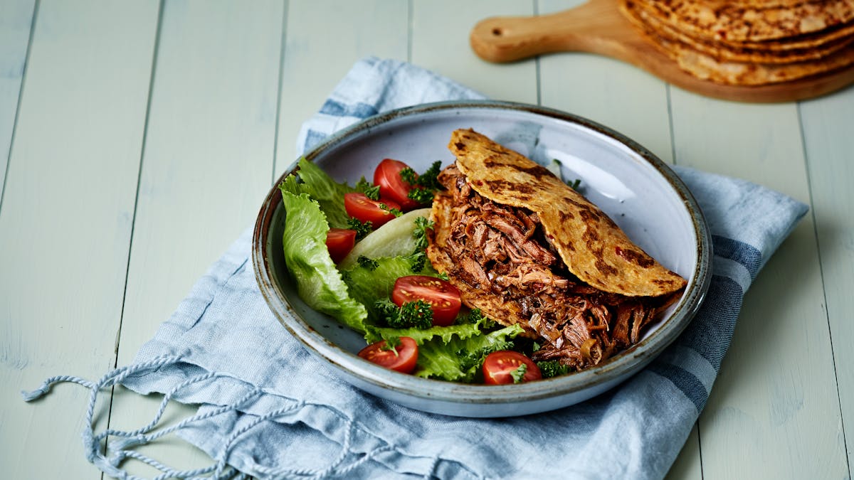 Pulled Indian beef with low carb roti bread