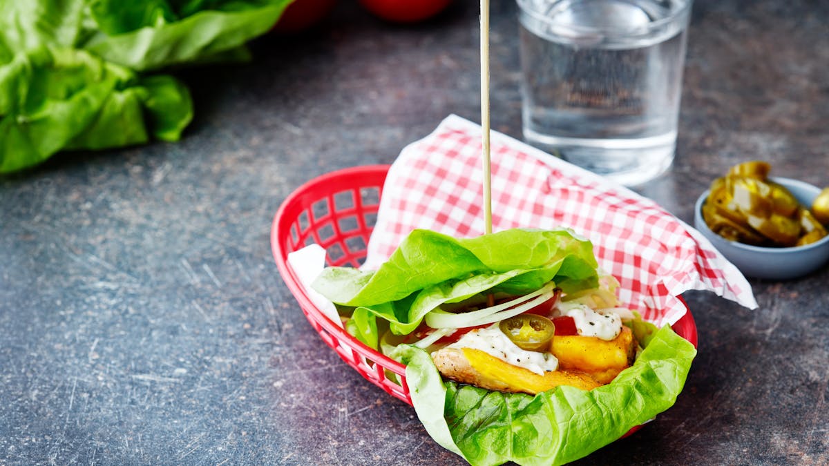 Keto chicken burger with jalapeño aioli