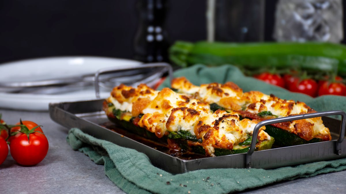 Keto zucchini pizza boats with goat cheese
