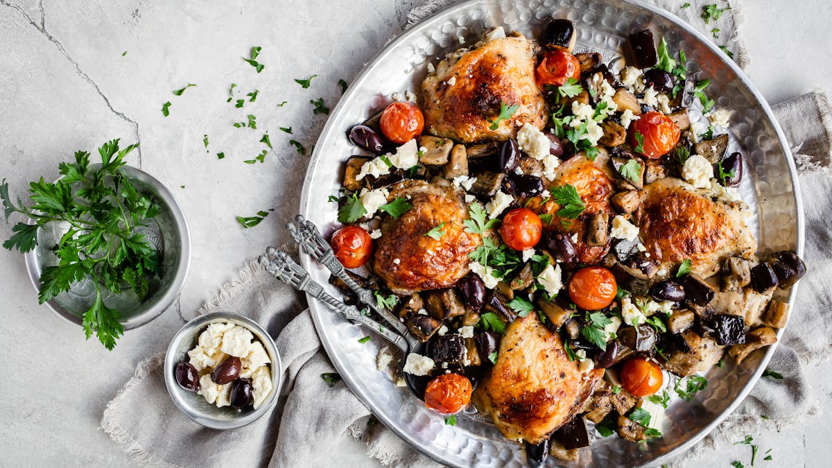 Keto chicken and eggplant sheet-pan with tzatziki