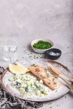 Lemony butter-baked salmon with no-tato salad