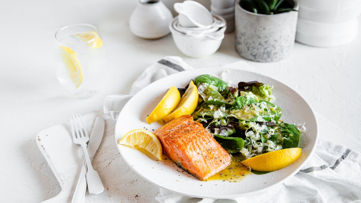 Seared lemon butter salmon with Italian salad 