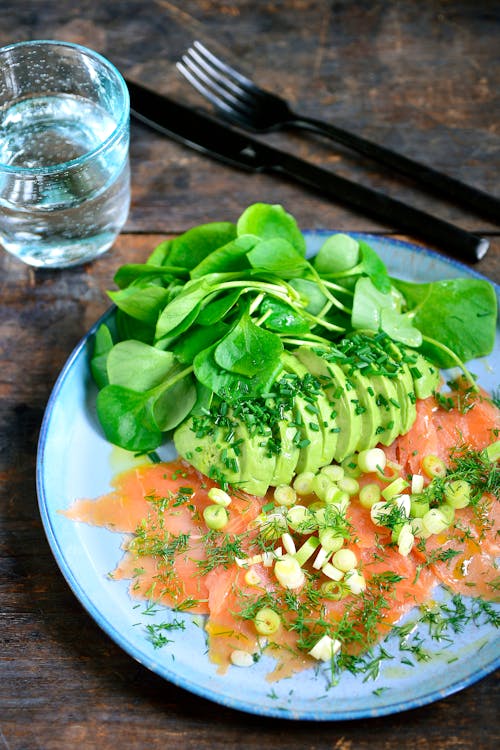Smoked salmon with avocado and watercress