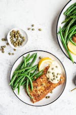 Keto turkey schnitzel with green bean fries and dijon mayo