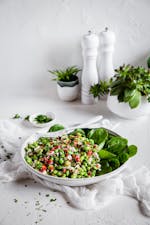 High protein vegetarian plate with edamame and feta cheese